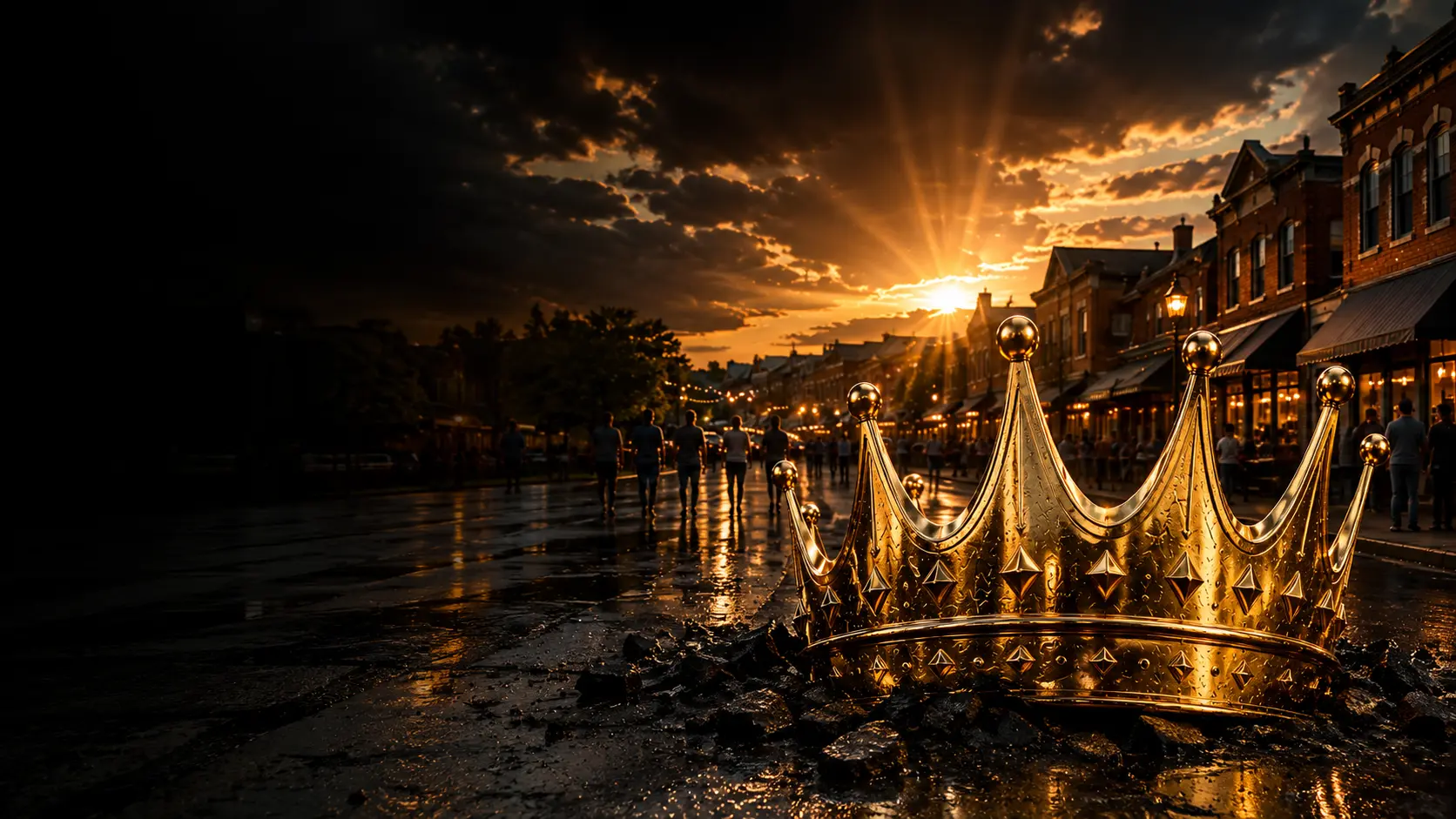 A monumental gold Crown emerging from a lively American Main Street at dusk